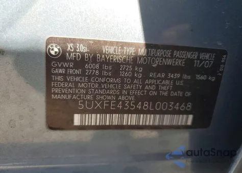 2008 BMW X5 3.0I z USA, uszkodzony, nr VIN 5UXFE43548L003468